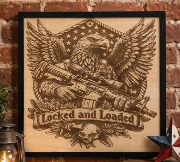 Locked and load American Eagle wooden framed art