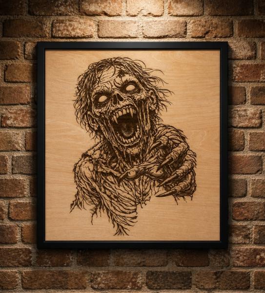 Laser engraved wooden zombie art