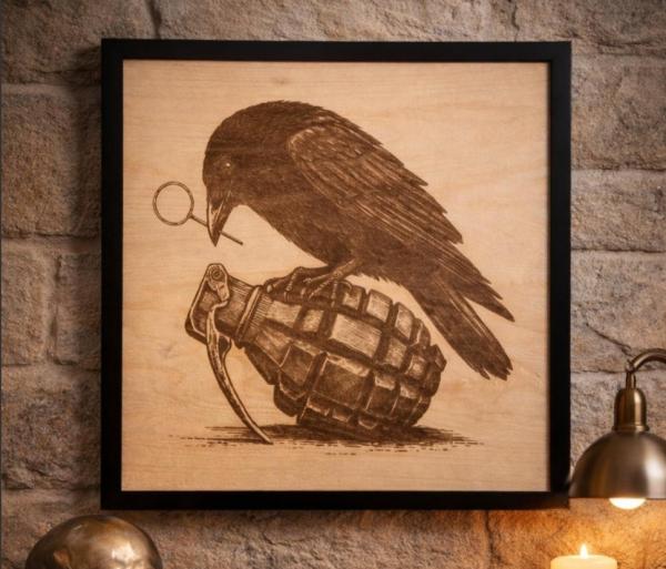 laser engraved crow framed art
