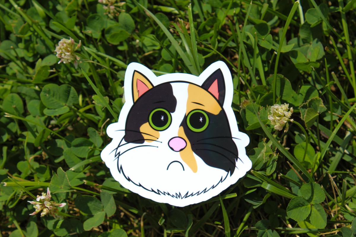Cute Calico Cat Sticker | Sad Kitty Vinyl Sticker | Cartoon Cat Decal | Waterproof Laptop Sticker | Cat Lover Gift | Cute Animal Sticker picture