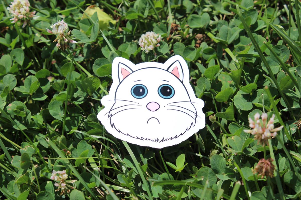 Cute White Cat Sticker | Sad Kitty Vinyl Sticker | Cartoon Cat Decal | Waterproof Laptop Sticker | Cat Lover Gift | Cute Animal Sticker picture