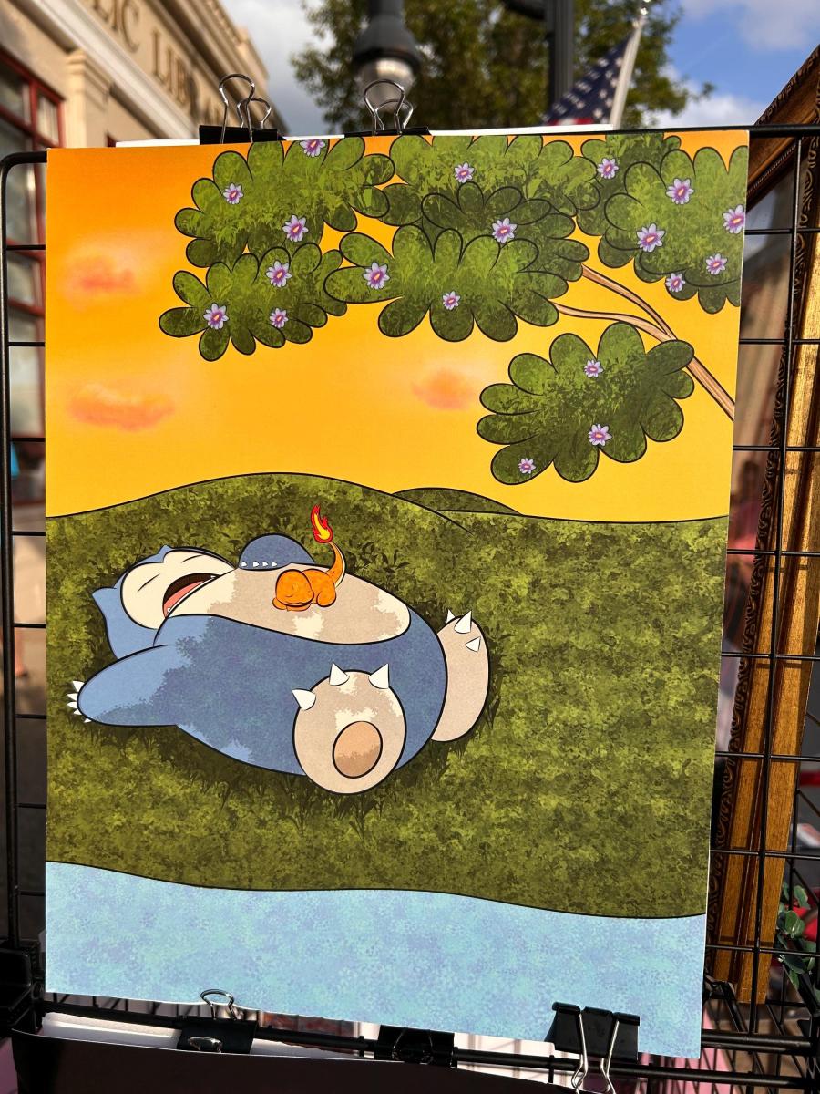 Snorlax & Charmander Cozy Sunset Wall Art, Cute Anime Inspired Nature Illustration, Peaceful Forest Landscape Decor, Gift for Pokemon Fans, picture