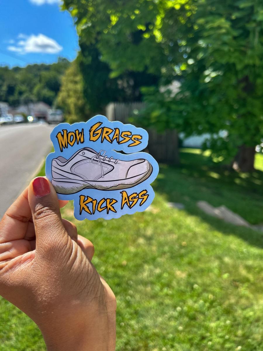 Mow Grass Kick Ass Sticker | Funny Lawn Care Sticker | Dad Shoe Decal | Grass Cutting Gift | Waterproof Vinyl Sticker | Funny Yard Work Gift picture