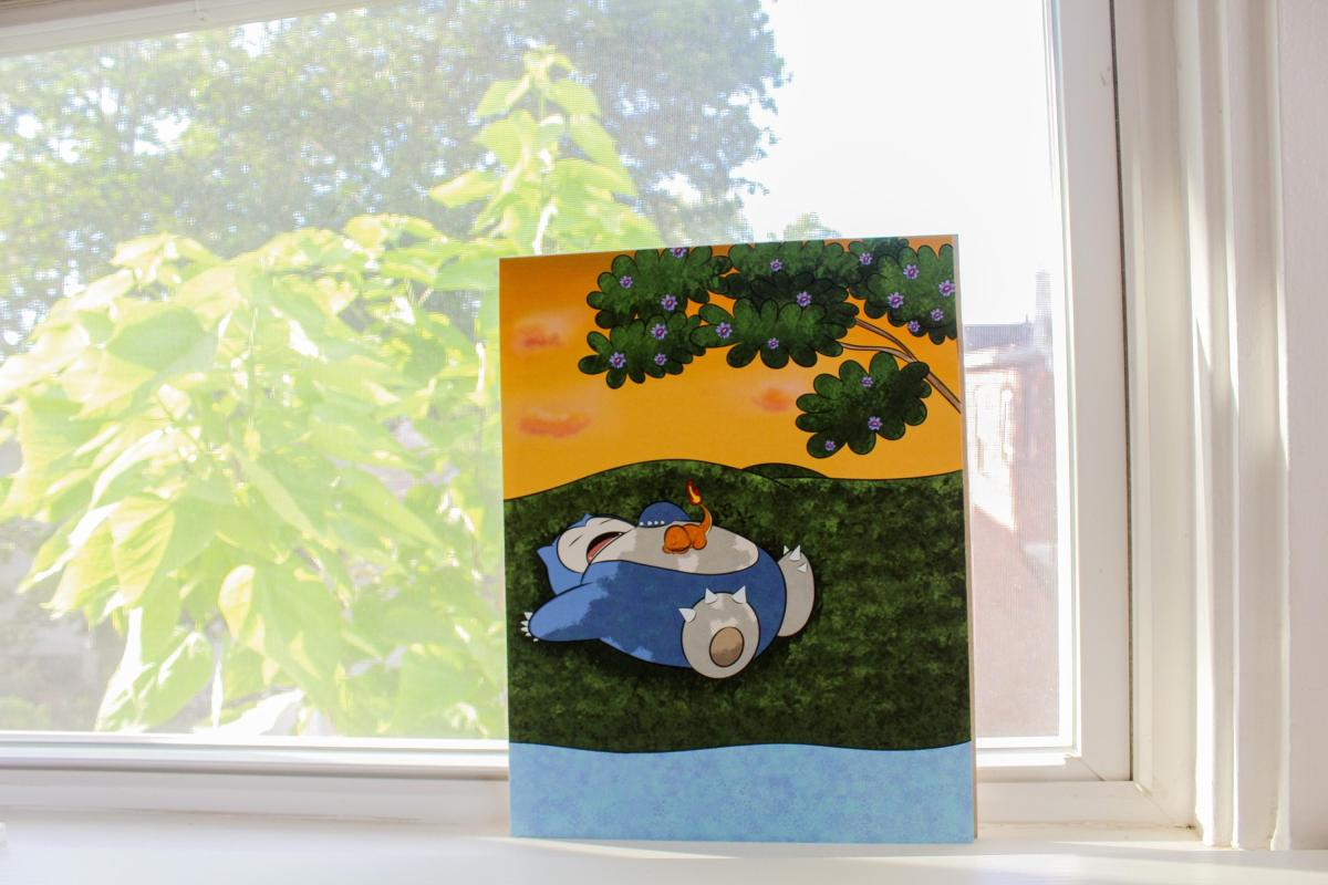 Snorlax & Charmander Cozy Sunset Wall Art, Cute Anime Inspired Nature Illustration, Peaceful Forest Landscape Decor, Gift for Pokemon Fans, picture