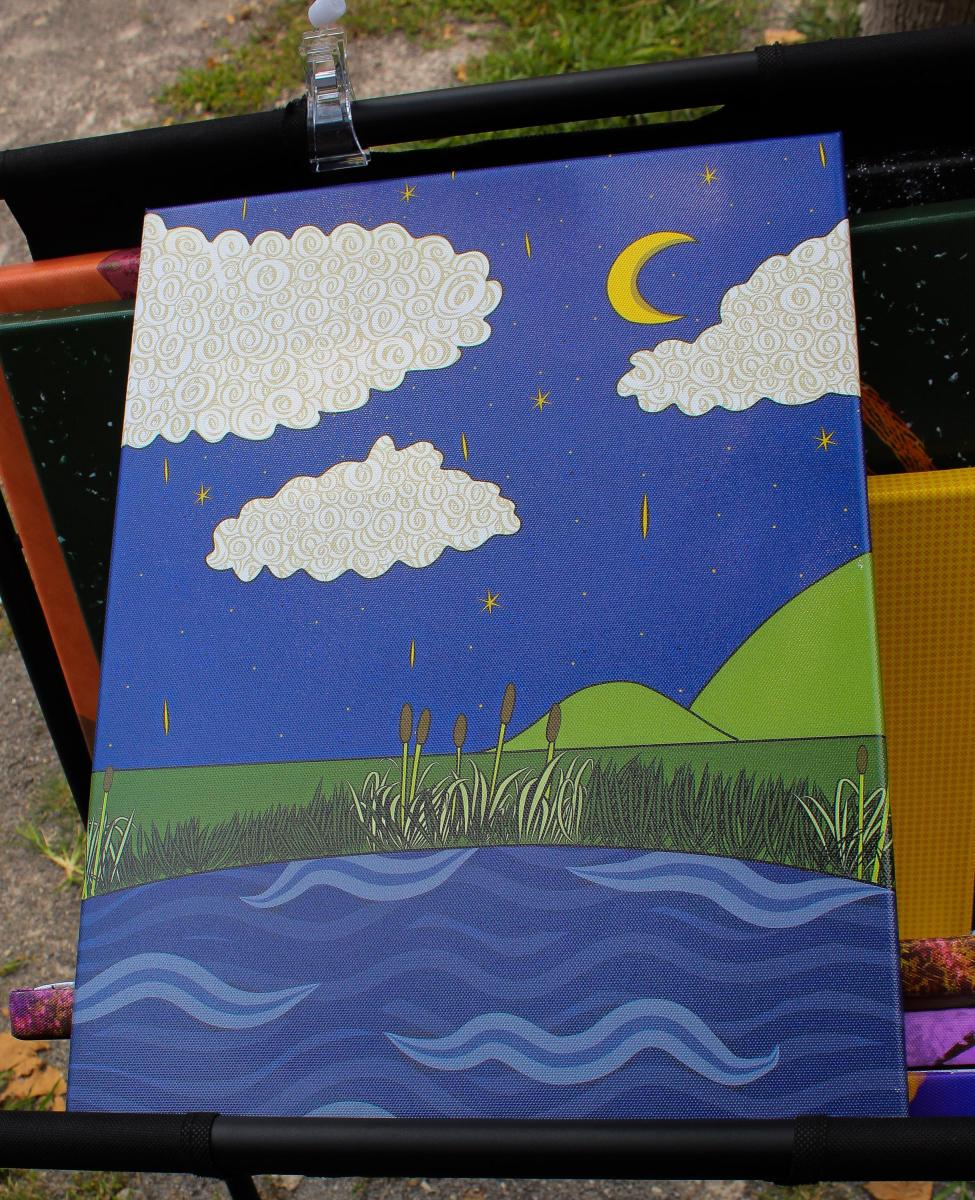 Moonlit Lake Canvas Wall Art, Night Landscape Canvas Print, Moon and Clouds Artwork, Celestial Wall Decor, Whimsical Nature Art, Original picture