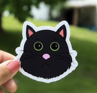 Cute Black Cat Sticker | Sad Kitty Vinyl Sticker | Cartoon Cat Decal | Waterproof Laptop Sticker | Cat Lover Gift | Cute Animal Sticker picture
