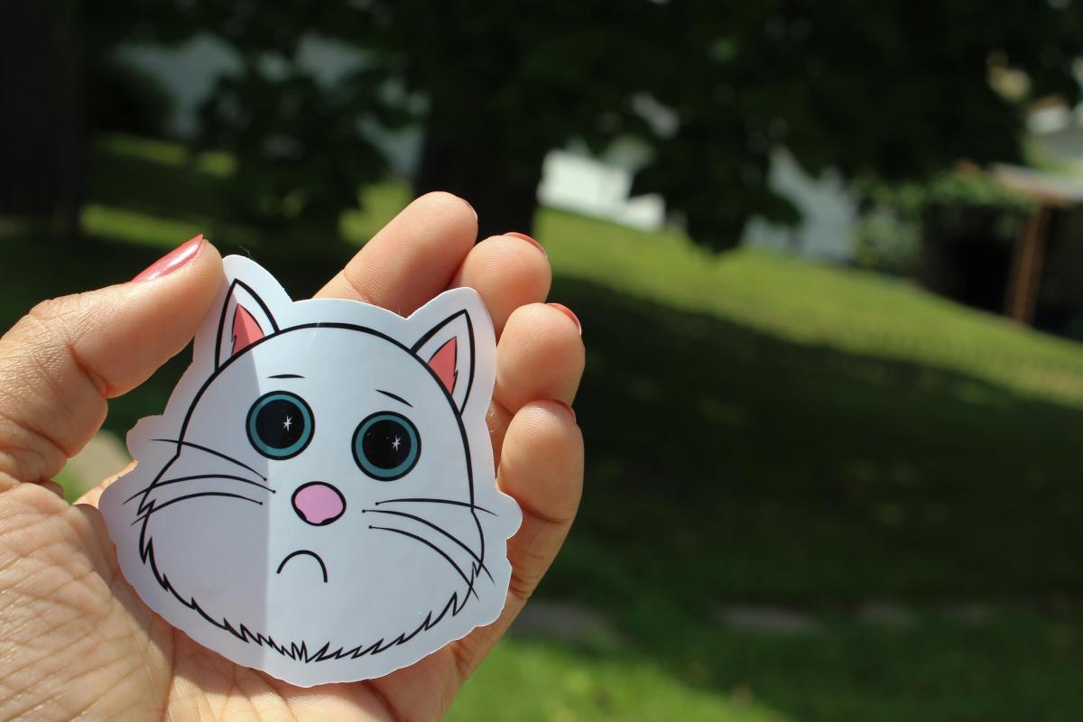Cute White Cat Sticker | Sad Kitty Vinyl Sticker | Cartoon Cat Decal | Waterproof Laptop Sticker | Cat Lover Gift | Cute Animal Sticker picture
