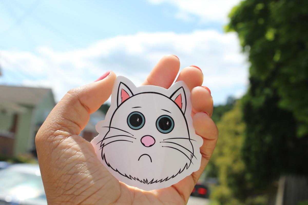 Cute White Cat Sticker | Sad Kitty Vinyl Sticker | Cartoon Cat Decal | Waterproof Laptop Sticker | Cat Lover Gift | Cute Animal Sticker picture