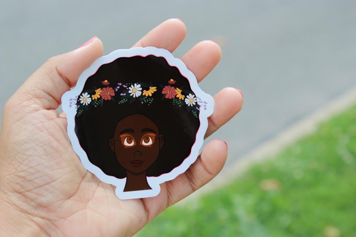 Black Girl Floral Vinyl Sticker | Afro Flower Crown Sticker | Waterproof Art Decal | Cute Natural Hair Sticker | Original Artwork picture
