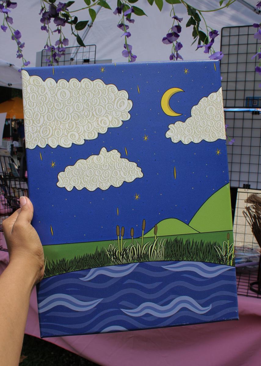 Moonlit Lake Canvas Wall Art, Night Landscape Canvas Print, Moon and Clouds Artwork, Celestial Wall Decor, Whimsical Nature Art, Original picture