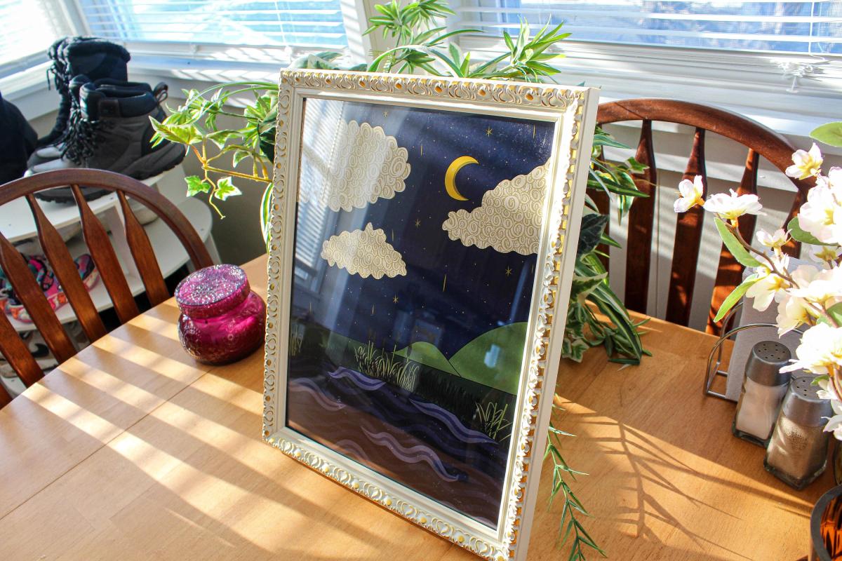 Night Sky Clouds Wall Art, Moon and Stars Illustration, Dreamy Landscape Artwork, Whimsical Night Scene, Cozy Celestial Wall Decor picture