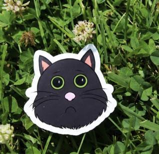 Cute Black Cat Sticker | Sad Kitty Vinyl Sticker | Cartoon Cat Decal | Waterproof Laptop Sticker | Cat Lover Gift | Cute Animal Sticker picture