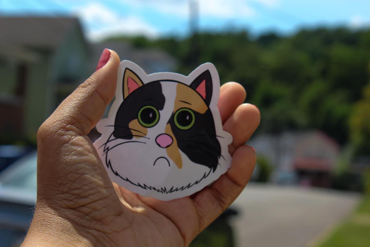 Cute Calico Cat Sticker | Sad Kitty Vinyl Sticker | Cartoon Cat Decal | Waterproof Laptop Sticker | Cat Lover Gift | Cute Animal Sticker picture