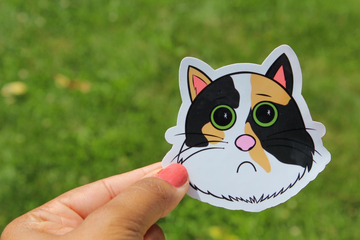 Cute Calico Cat Sticker | Sad Kitty Vinyl Sticker | Cartoon Cat Decal | Waterproof Laptop Sticker | Cat Lover Gift | Cute Animal Sticker picture