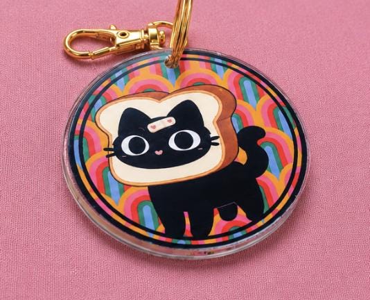 Toast Cat Acrylic Keychain | Cute Black Cat Keychain | Kawaii Bag Charm | Cat Lover Gift | Colorful Acrylic Keyring | Backpack Charm picture