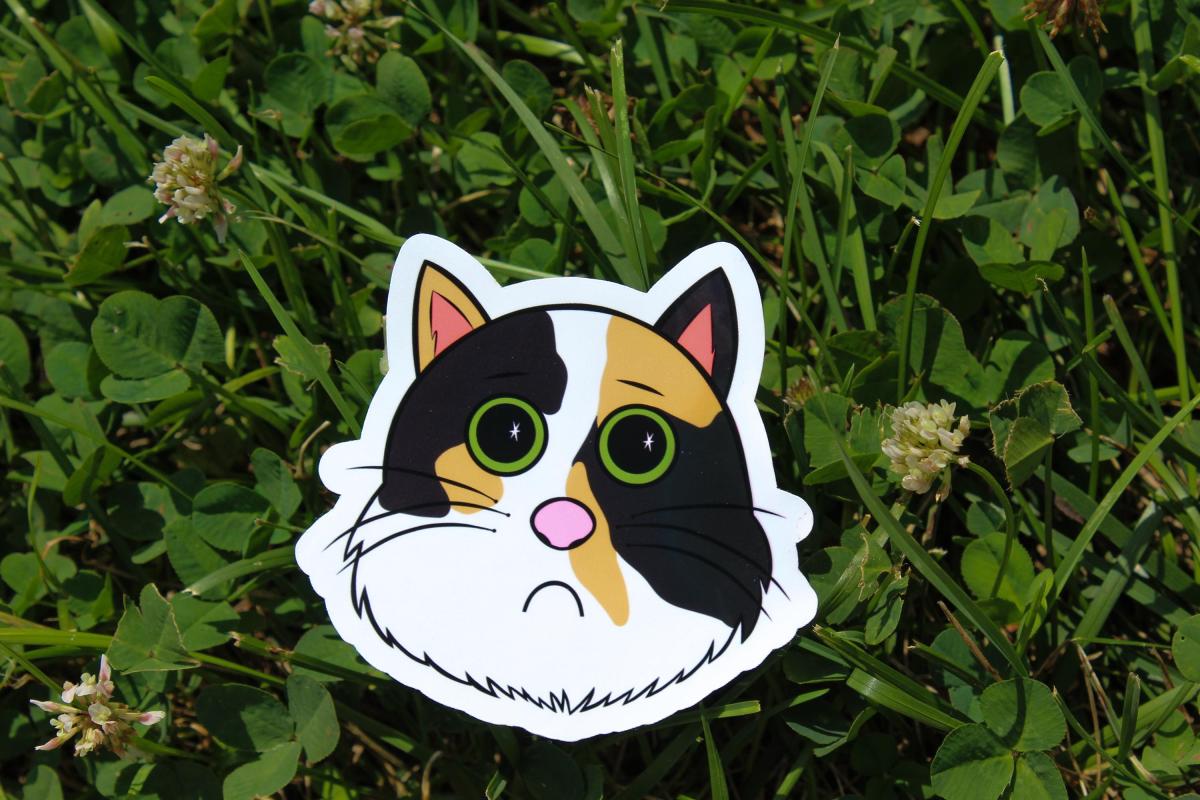 Cute Calico Cat Sticker | Sad Kitty Vinyl Sticker | Cartoon Cat Decal | Waterproof Laptop Sticker | Cat Lover Gift | Cute Animal Sticker picture