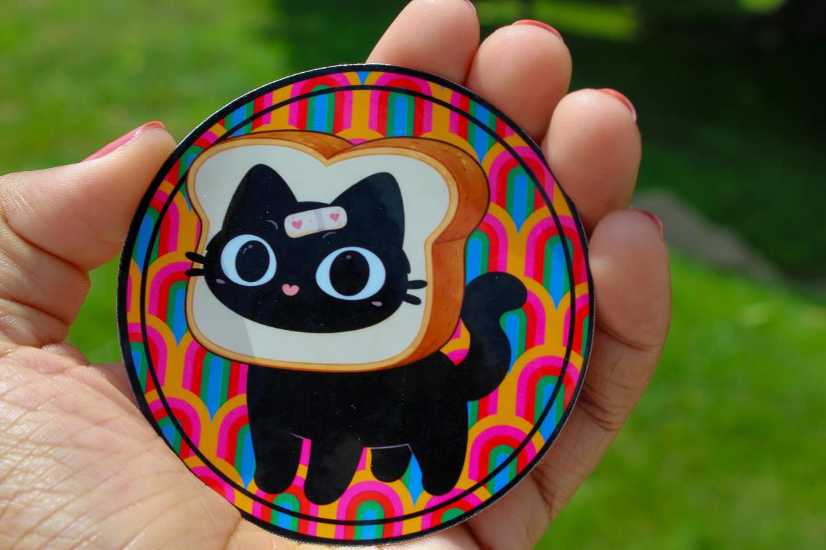 Cute Black Cat Toast Vinyl Sticker, Kawaii Cat Decal, Funny Cat Laptop Sticker, Waterproof Cartoon Cat, Gift for Cat Lovers picture