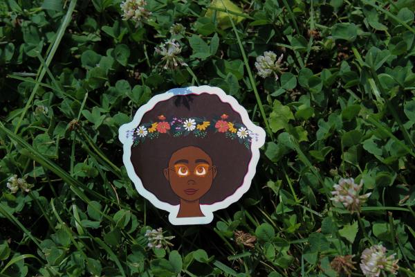 Black Girl Floral Vinyl Sticker | Afro Flower Crown Sticker | Waterproof Art Decal | Cute Natural Hair Sticker | Original Artwork