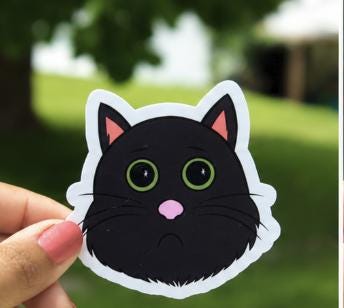 Cute Black Cat Sticker | Sad Kitty Vinyl Sticker | Cartoon Cat Decal | Waterproof Laptop Sticker | Cat Lover Gift | Cute Animal Sticker picture