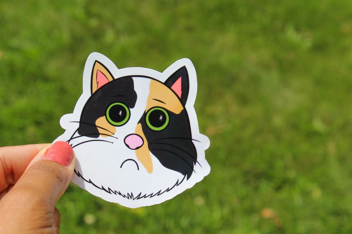Cute Calico Cat Sticker | Sad Kitty Vinyl Sticker | Cartoon Cat Decal | Waterproof Laptop Sticker | Cat Lover Gift | Cute Animal Sticker picture