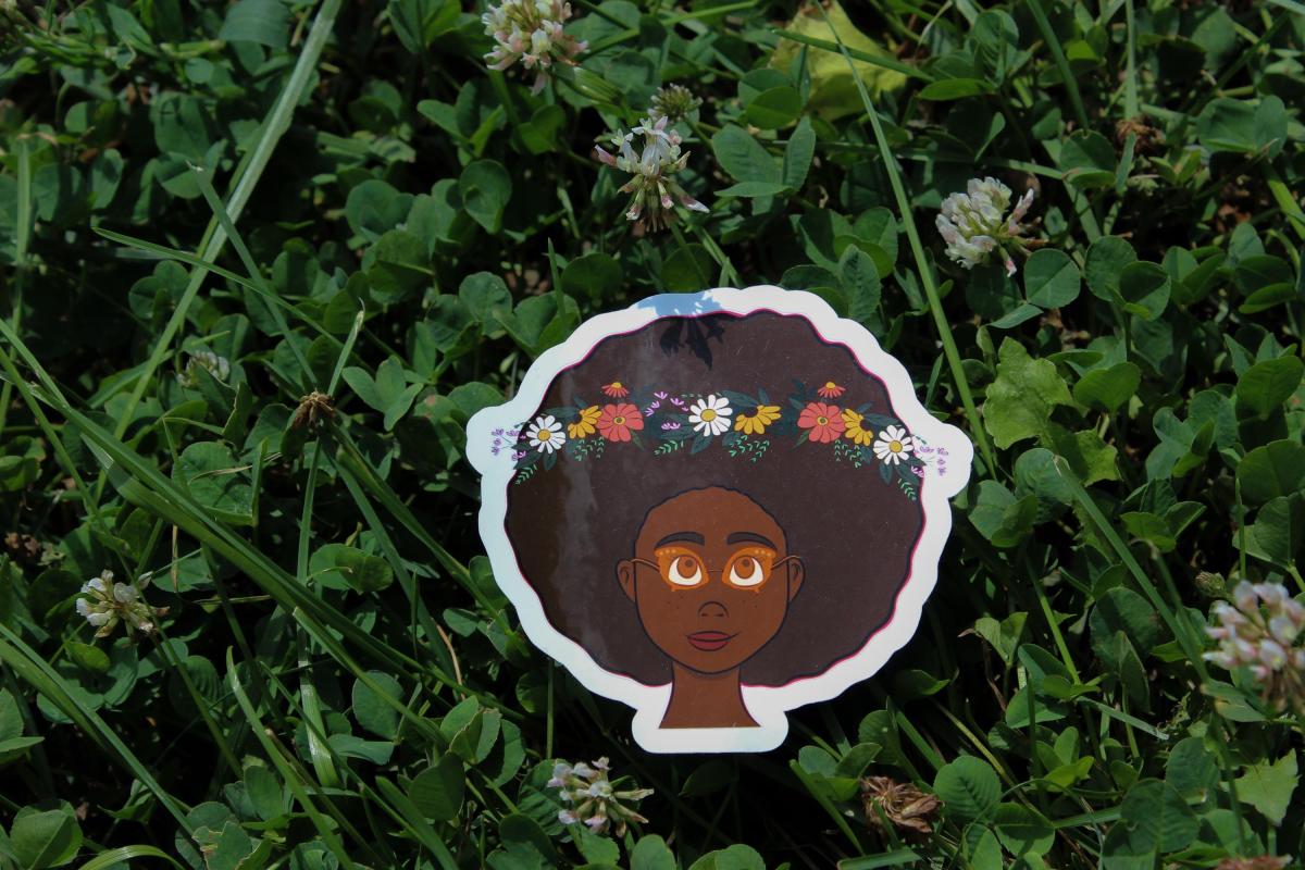 Black Girl Floral Vinyl Sticker | Afro Flower Crown Sticker | Waterproof Art Decal | Cute Natural Hair Sticker | Original Artwork picture