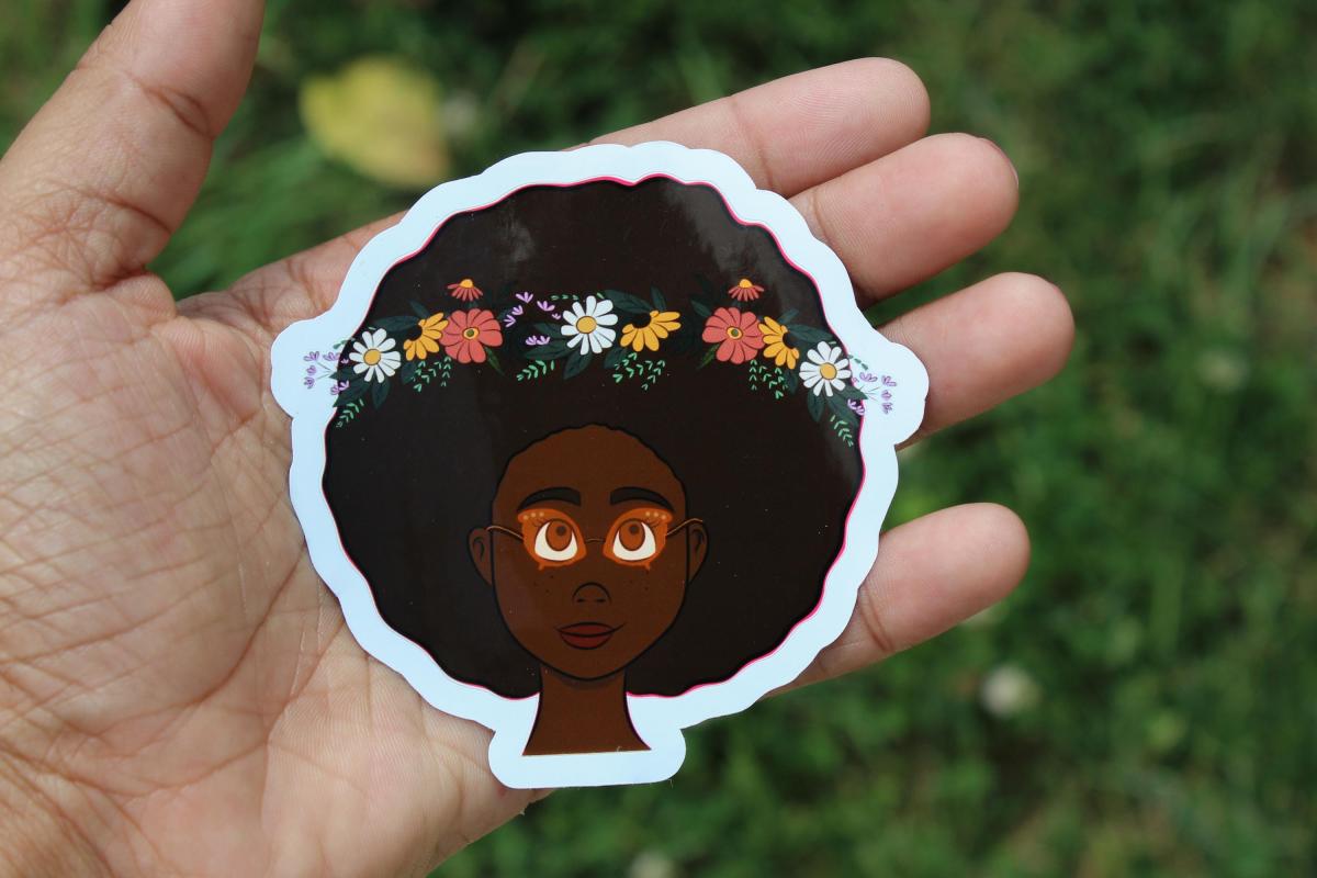 Black Girl Floral Vinyl Sticker | Afro Flower Crown Sticker | Waterproof Art Decal | Cute Natural Hair Sticker | Original Artwork picture
