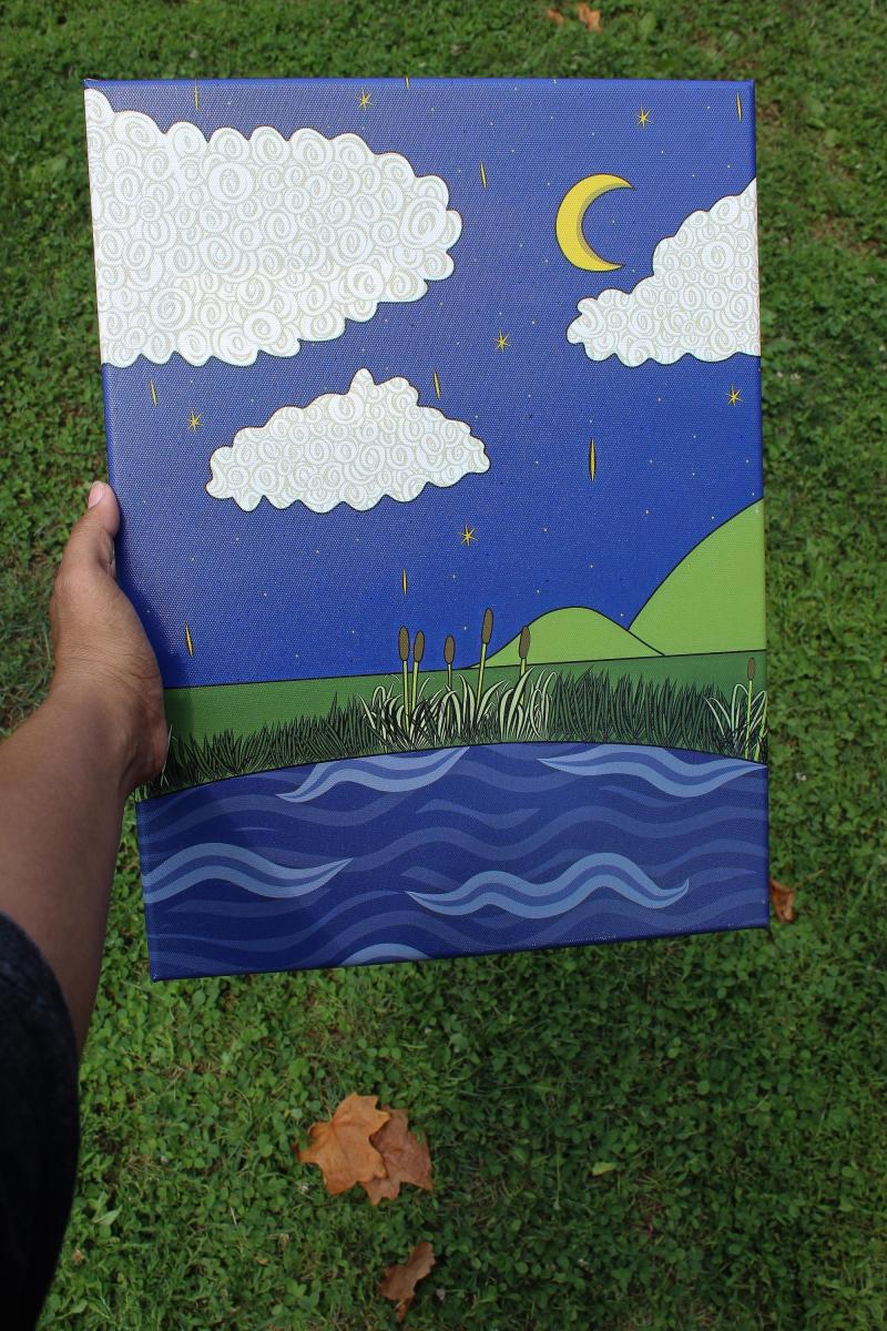 Moonlit Lake Canvas Wall Art, Night Landscape Canvas Print, Moon and Clouds Artwork, Celestial Wall Decor, Whimsical Nature Art, Original picture
