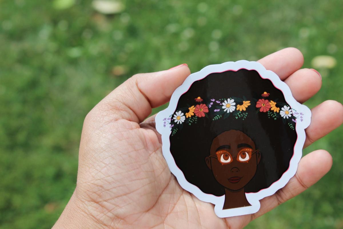 Black Girl Floral Vinyl Sticker | Afro Flower Crown Sticker | Waterproof Art Decal | Cute Natural Hair Sticker | Original Artwork picture
