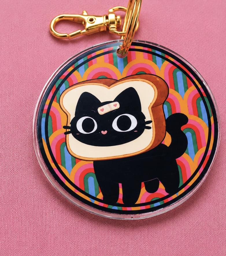 Toast Cat Acrylic Keychain | Cute Black Cat Keychain | Kawaii Bag Charm | Cat Lover Gift | Colorful Acrylic Keyring | Backpack Charm picture