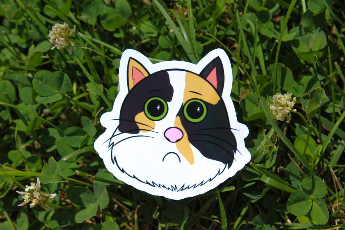 Cute Calico Cat Sticker | Sad Kitty Vinyl Sticker | Cartoon Cat Decal | Waterproof Laptop Sticker | Cat Lover Gift | Cute Animal Sticker picture