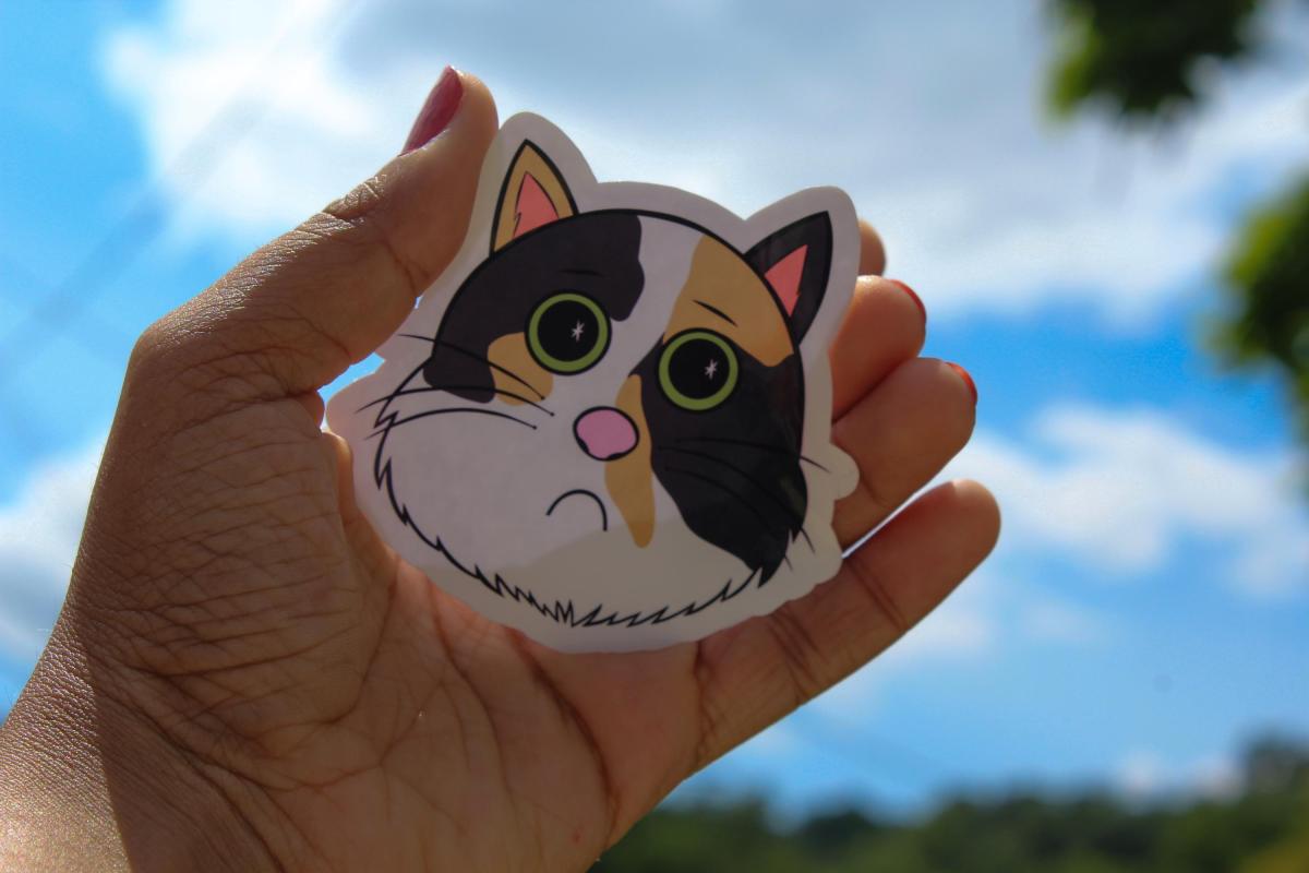 Cute Calico Cat Sticker | Sad Kitty Vinyl Sticker | Cartoon Cat Decal | Waterproof Laptop Sticker | Cat Lover Gift | Cute Animal Sticker picture