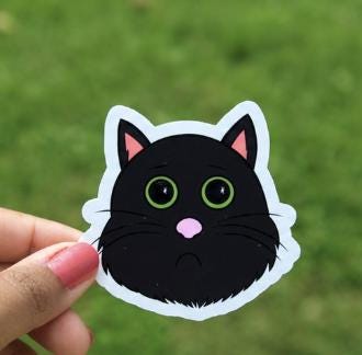 Cute Black Cat Sticker | Sad Kitty Vinyl Sticker | Cartoon Cat Decal | Waterproof Laptop Sticker | Cat Lover Gift | Cute Animal Sticker picture