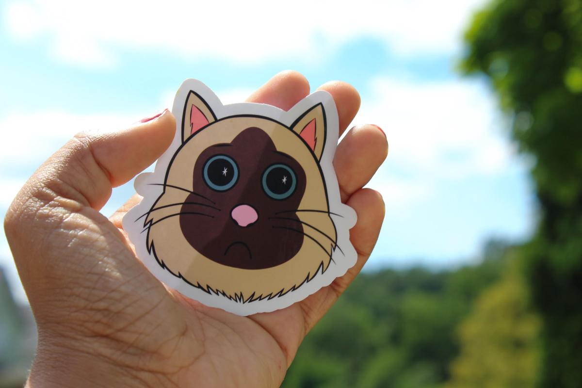 Cute Siamese Cat Sticker | Sad Kitty Vinyl Sticker | Cartoon Cat Decal | Waterproof Laptop Sticker | Cat Lover Gift | Cute Animal Sticker picture