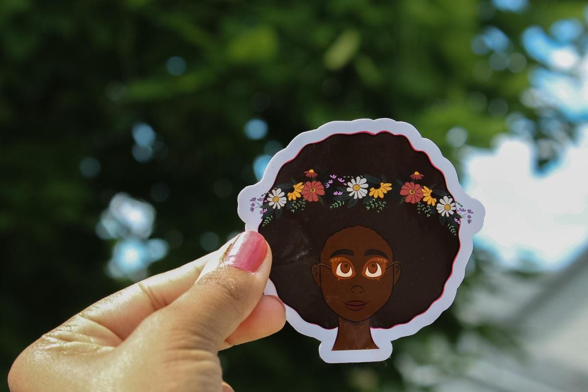 Black Girl Floral Vinyl Sticker | Afro Flower Crown Sticker | Waterproof Art Decal | Cute Natural Hair Sticker | Original Artwork picture