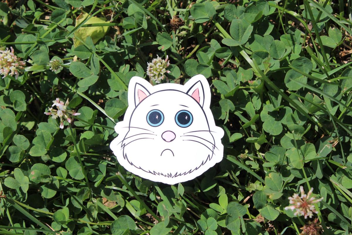 Cute White Cat Sticker | Sad Kitty Vinyl Sticker | Cartoon Cat Decal | Waterproof Laptop Sticker | Cat Lover Gift | Cute Animal Sticker picture