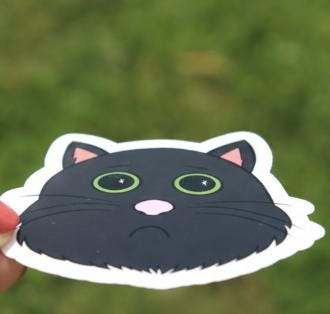 Cute Black Cat Sticker | Sad Kitty Vinyl Sticker | Cartoon Cat Decal | Waterproof Laptop Sticker | Cat Lover Gift | Cute Animal Sticker picture