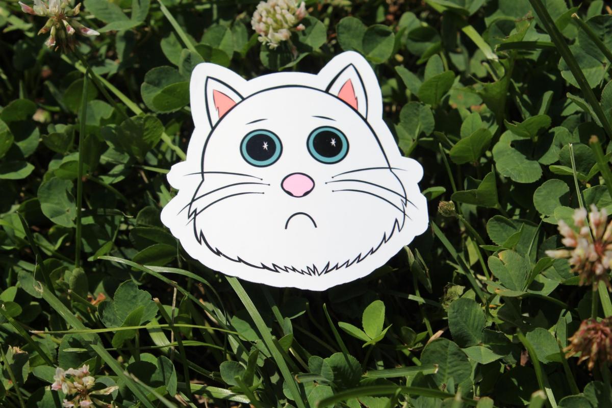 Cute White Cat Sticker | Sad Kitty Vinyl Sticker | Cartoon Cat Decal | Waterproof Laptop Sticker | Cat Lover Gift | Cute Animal Sticker picture