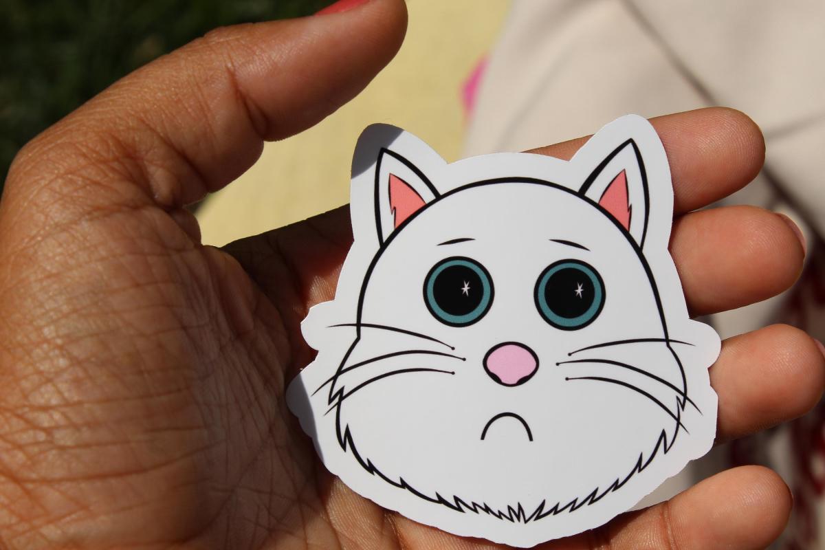 Cute White Cat Sticker | Sad Kitty Vinyl Sticker | Cartoon Cat Decal | Waterproof Laptop Sticker | Cat Lover Gift | Cute Animal Sticker picture