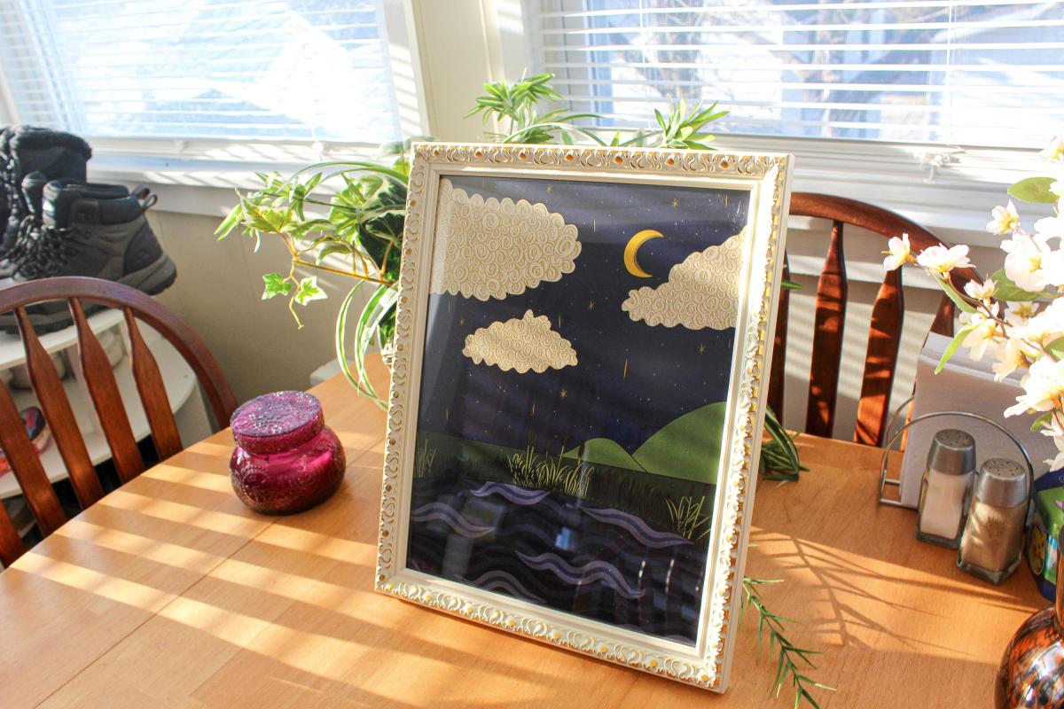 Night Sky Clouds Wall Art, Moon and Stars Illustration, Dreamy Landscape Artwork, Whimsical Night Scene, Cozy Celestial Wall Decor picture