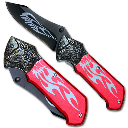 Custom Tribal Folding Knife - Tactical Red Wolf