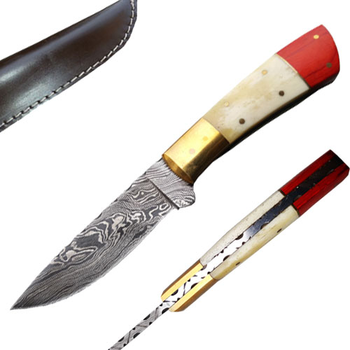 Damascus Steel Hunting Knife (Bone & Red Wood Handle)