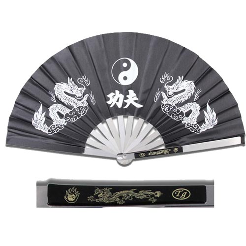 13" Chinese Kung Fu Martial Arts Tai Chi Dragon Stainless Steel Frame Fan BLACK