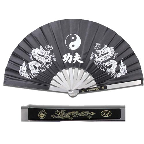 13" Chinese Kung Fu Martial Arts Tai Chi Dragon Stainless Steel Frame Fan BLACK picture