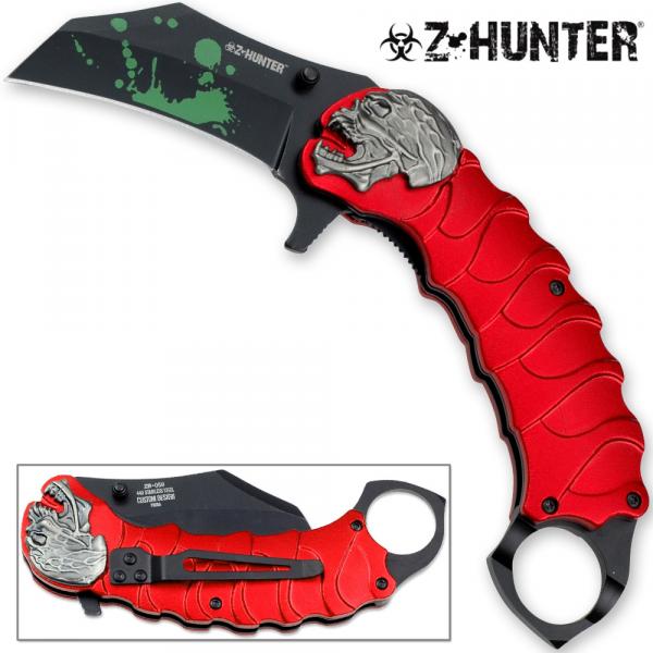 Z-HUNTER Zombie Tactical Karambit Red Knife Assisted-O Glass Breaker Finger Ring picture