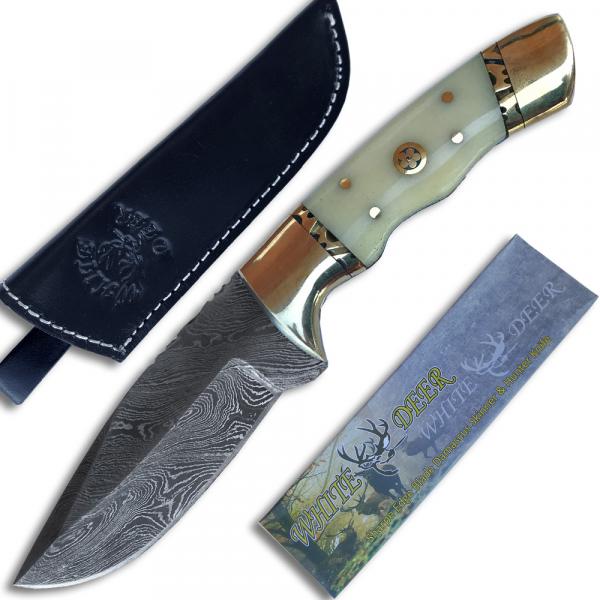 Custom Damascus Steel (Bone Handle, Brass Guard & Mosaic Pin)