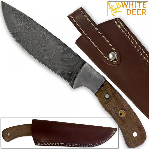 WHITE DEER Hunters Legend Damascus Steel Knife Walnut Wood Handle & Mosaic Pin picture