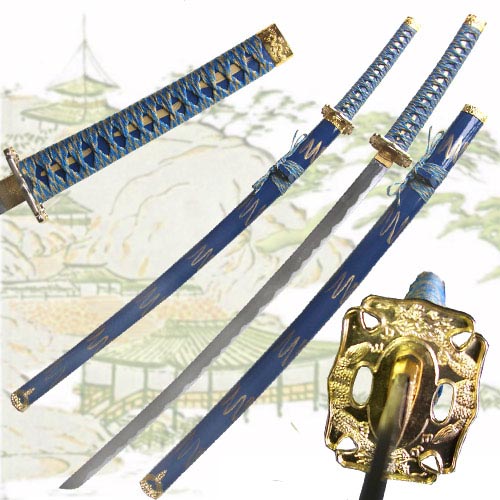 Blue Gold Katana of the Warrior Sword Golden Dragon Tsuba 440 Stainless Blue picture