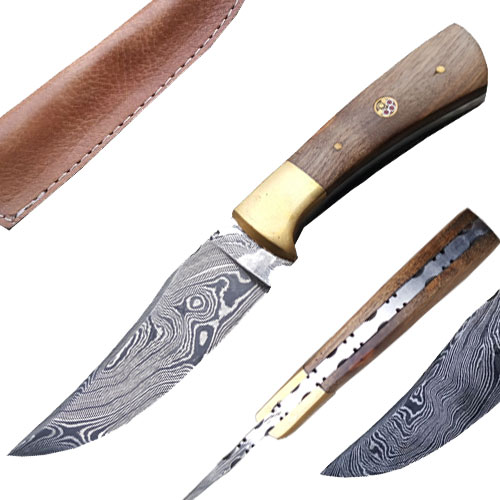 Custom Made Damascus Hunting Knife w/ Full Tang Walnut-Wood Handle
