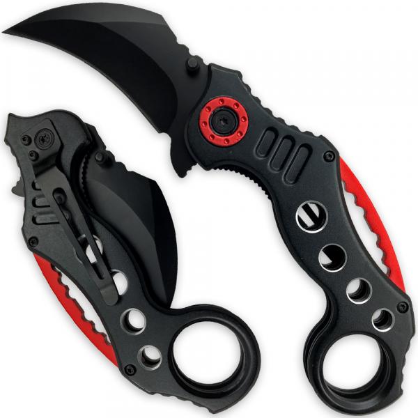 Tactical Extreme Karambit Knife | Spring Assisted Blade Black & Red Handle picture