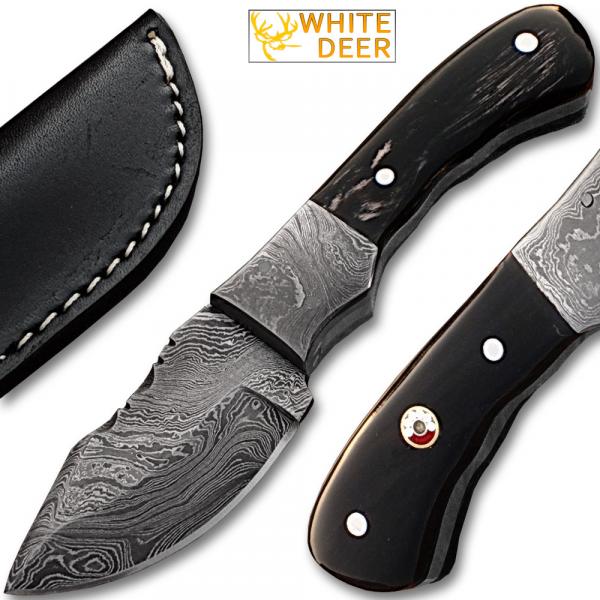 White Deer Damascus Steel Skinner Knife w/ Buffalo Horn Handle